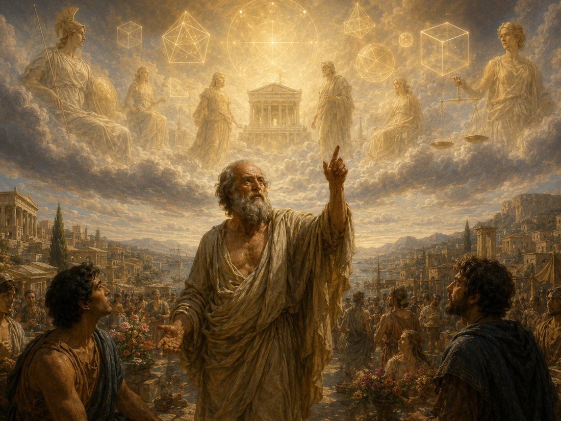 两个世界——地上的喧嚣仍在继续，而柏拉图已经把真理安放到了更高的天幕之上。